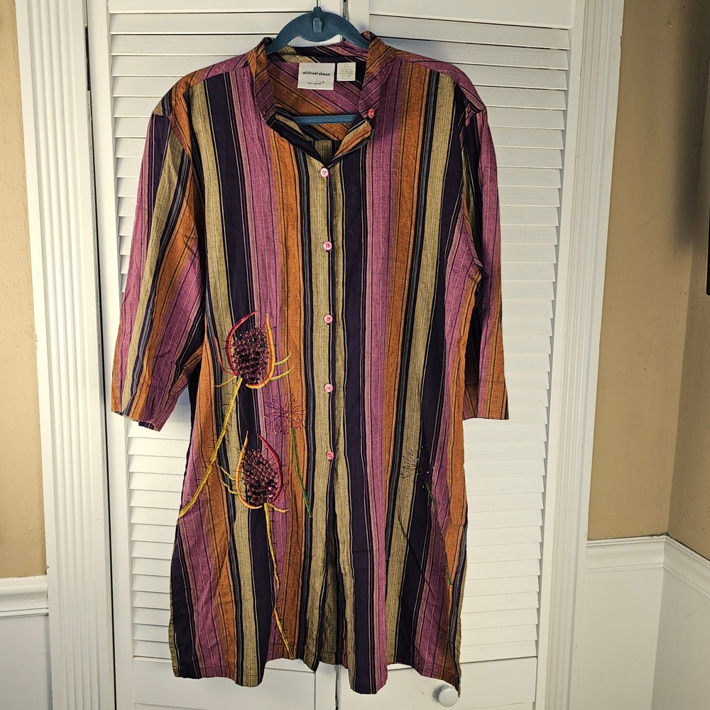 Michael Simon New York Womens‎ Embroidered Striped Tunic Shirt Dress Large